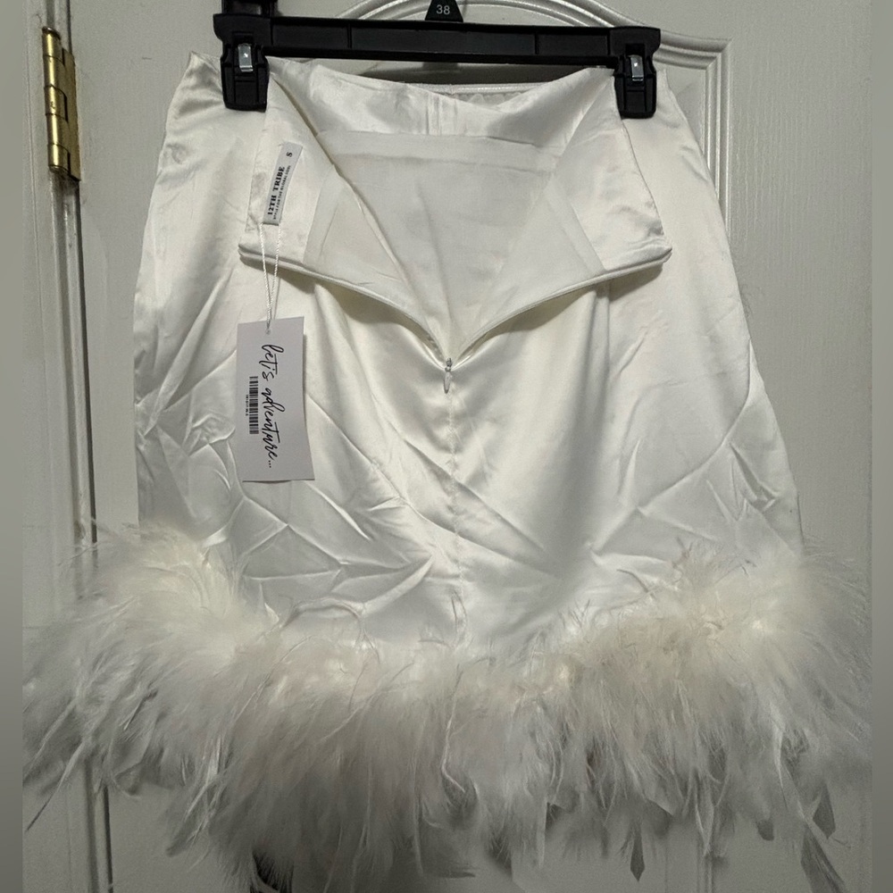 12th Tribe satin, white faux feather mini skirt